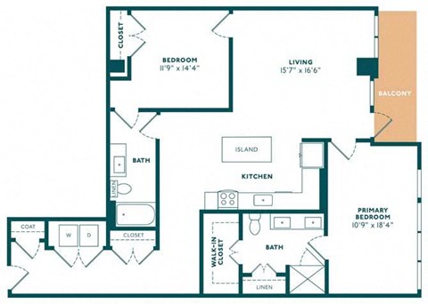 Floor plan for 2 beds, 2 baths, 1368 sqft